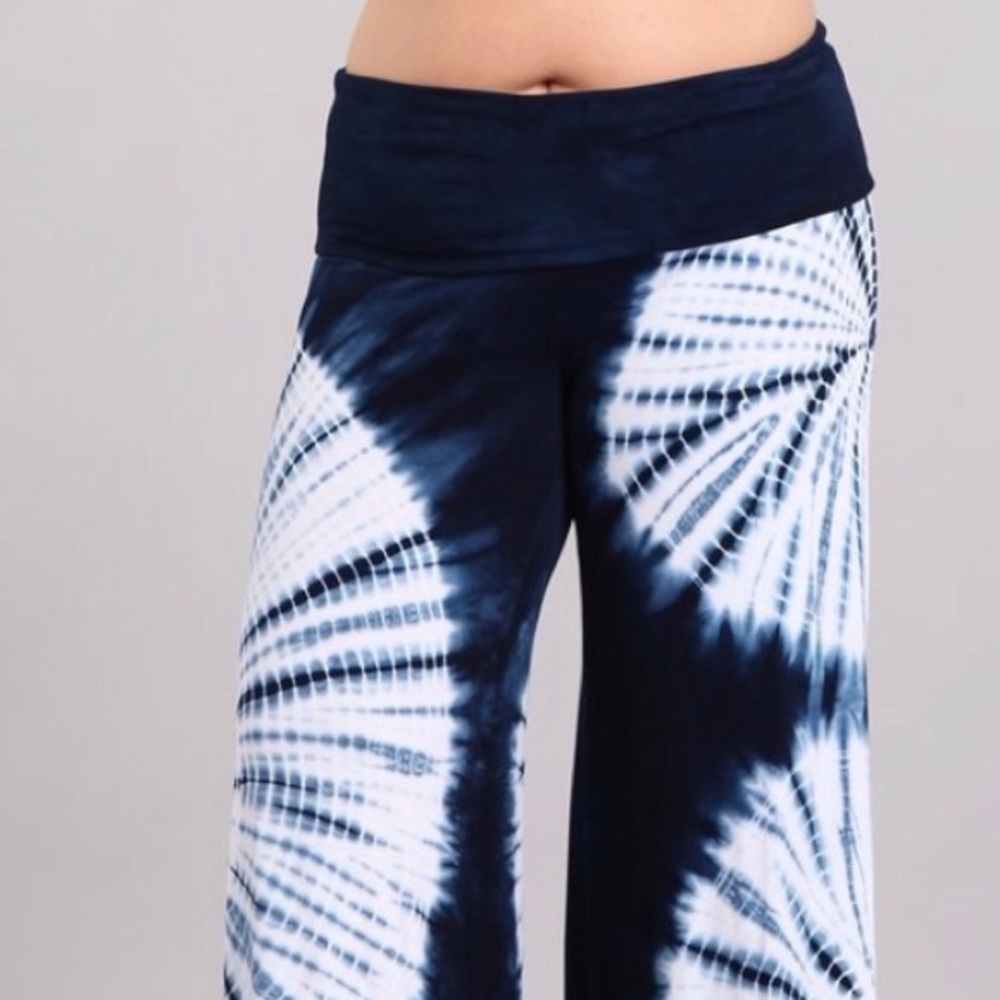 Plus Navy Tie Dye Palazzo Wide Leg Casual Pants - Picture 2 of 5